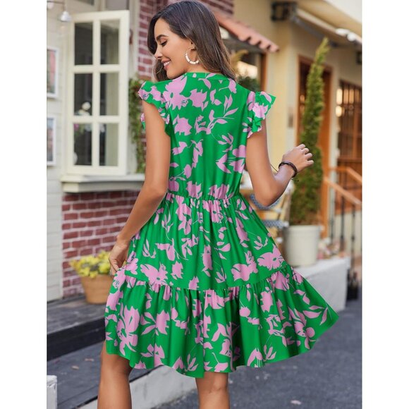 Women Summer Floral Ruffle Sleeve Tiered Mini Dress with Pockets - Picture 3 of 5